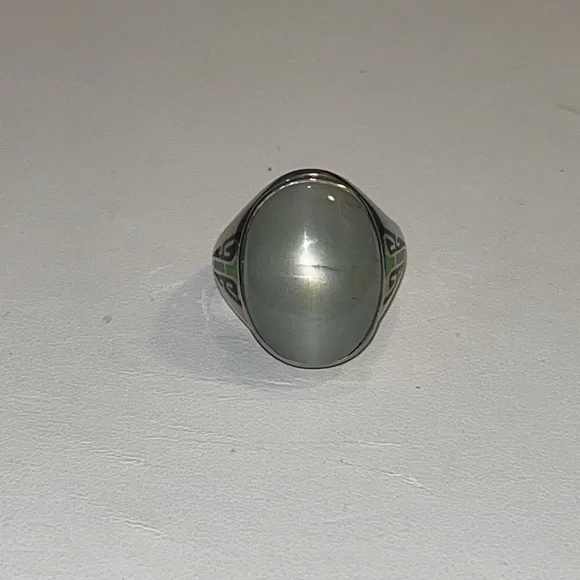 ANTIQUE 10K WHITE GOLD "UNISEX" RING w/NATURAL GREEN MOONSTONE&ENAMELS, ART DECO - Picture 10 of 12